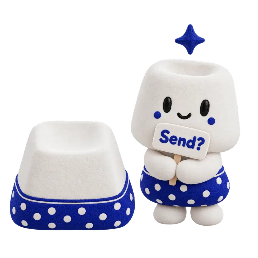 Creo holding a sign that reads “Send?” beside a large porcelain key.